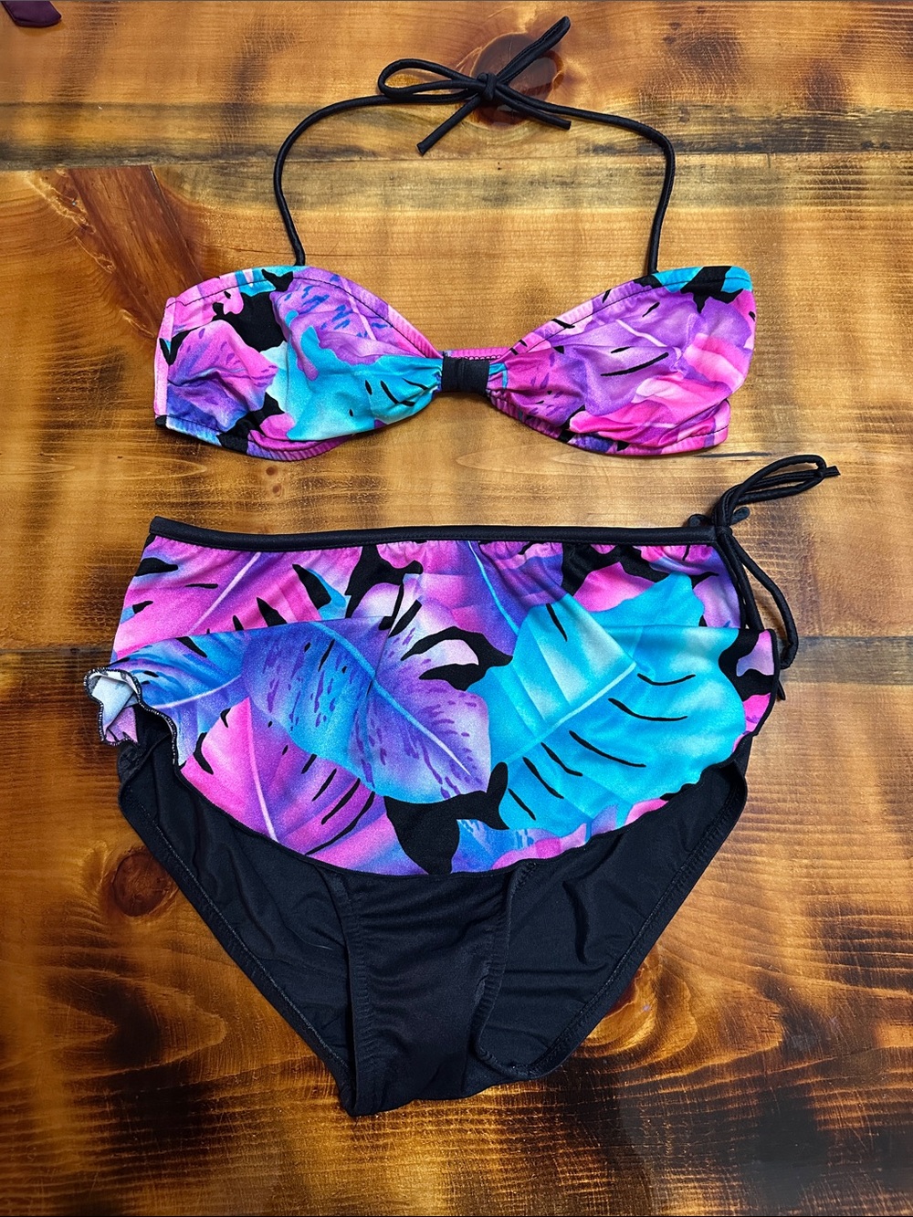 Women's Bandeau High-Waist Bikini Set in Pink & Teal Leaf Print